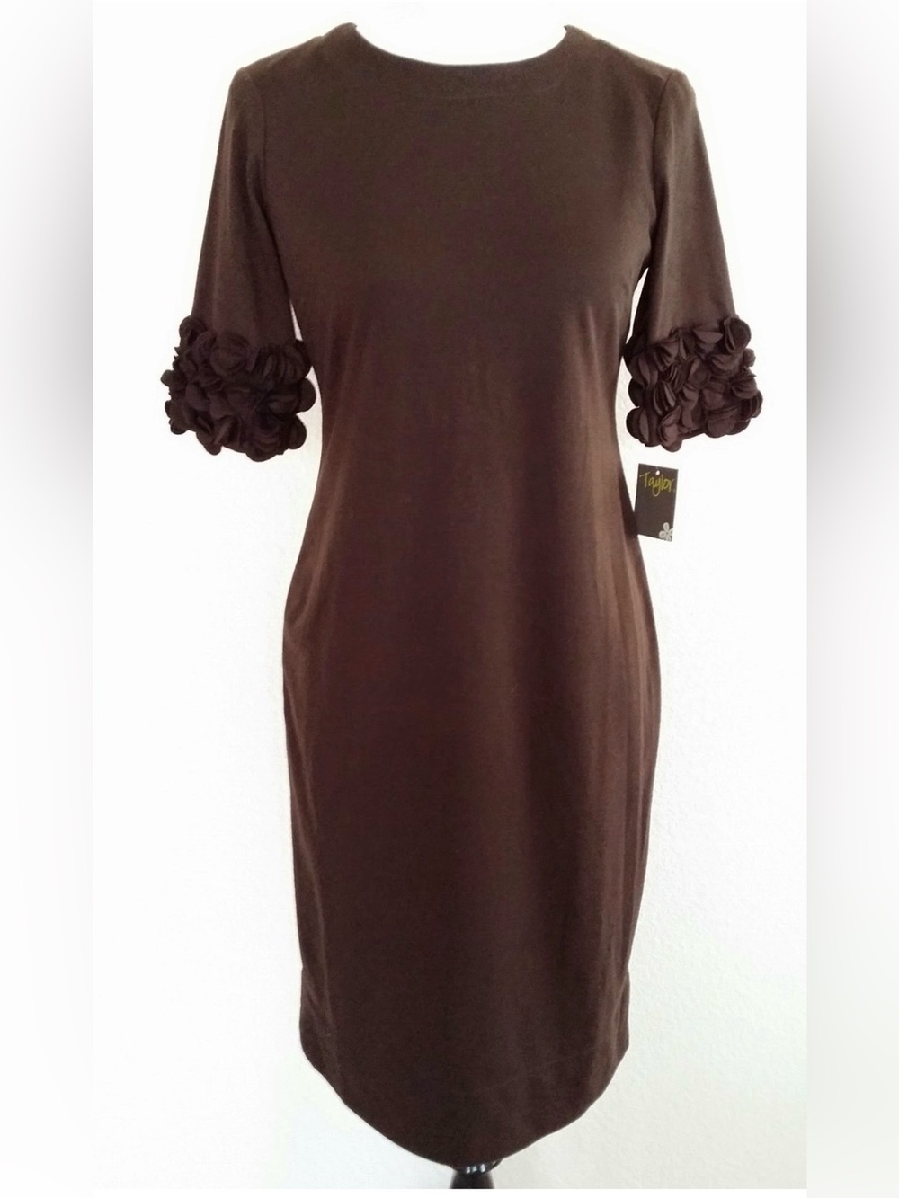 Taylor Chocolate Brown Midi Dress with Rosette Sleeves